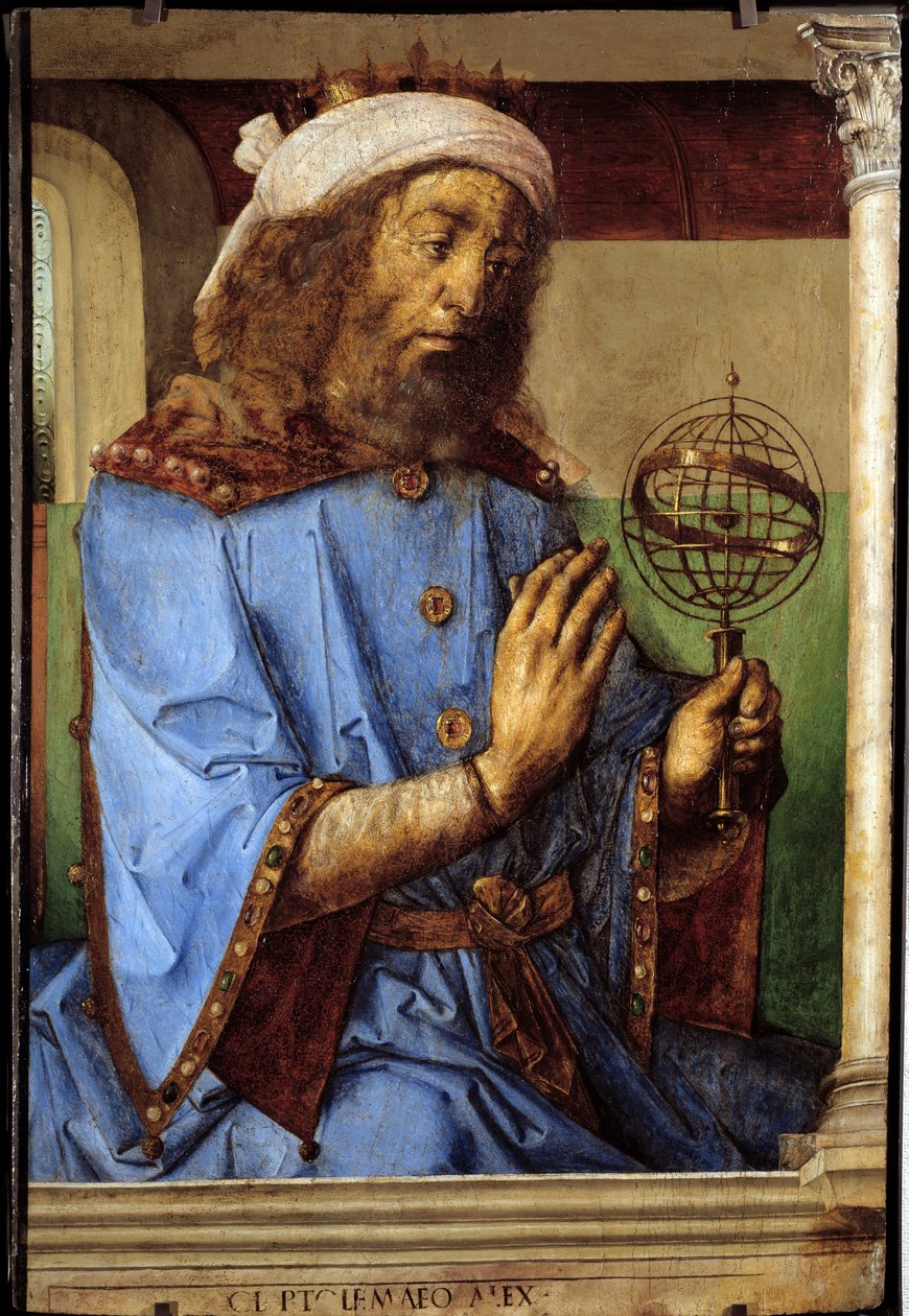 Portrait of Ptolemy (Claudius Ptolemaeus, ca. 90-168), Greek astronomer. Painting by Pedro Berruguete (ca. 1450-before 1504) and Justus of Ghent (1435-1480) by Flemish School