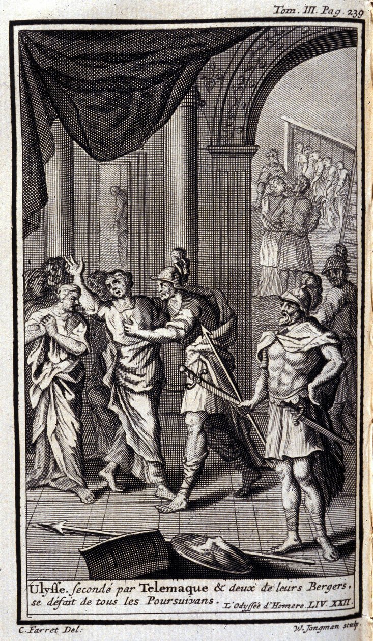 Ulysses seconded by Telemachus and two of their shepherds disband all the pursuers. Illustration for book XXII of the Odyssey by Homer, in the Odyssey, published in Amsterdam in 1731, Private Collection Milan by Flemish School