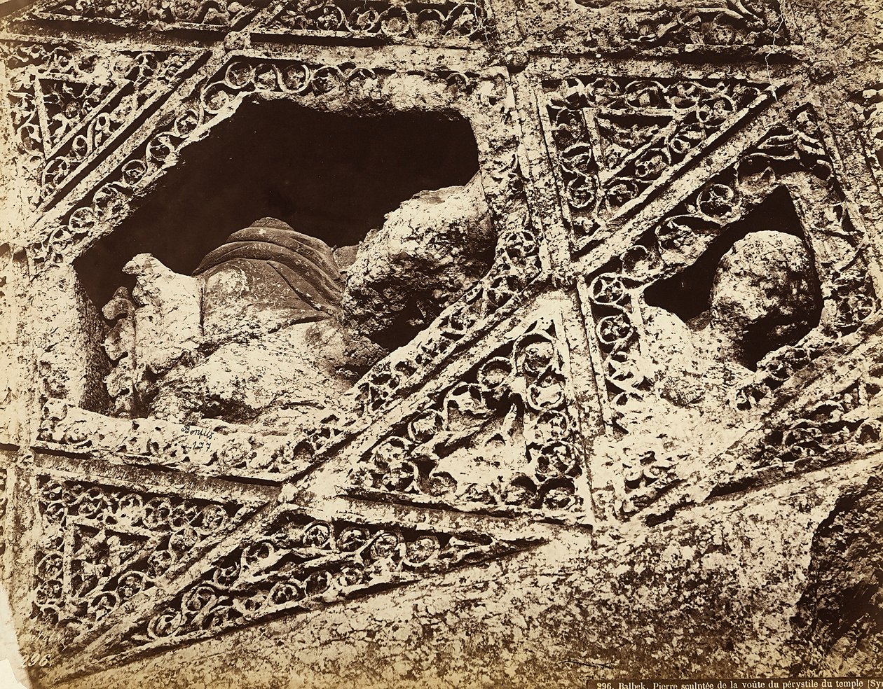 Detail of the sculptural decoration in a temple, in the archeological zone of Heliopolis or Baalbek, ancient Syrian city, now Lebanon by Félix Bonfils