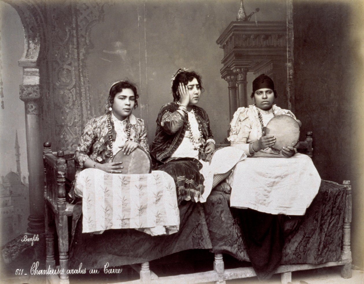 Portrait of Three Young Arab Singers in Ethnic Dress by Félix Bonfils