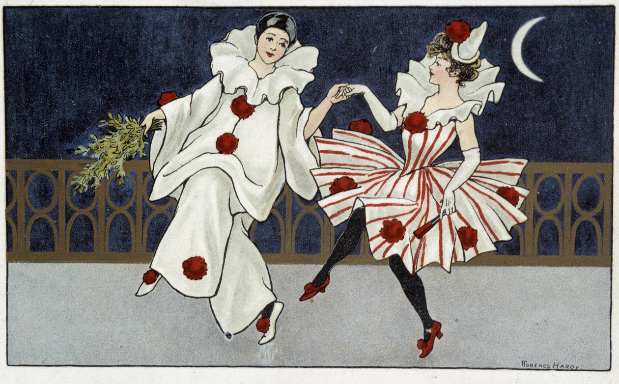 Pierrot and Colombine dancing in the moonlight - drawing by Florence Hardy, early 20th century by Florence Hardy