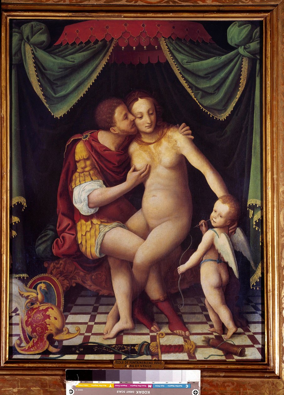 Venus and Mars, Representation of the Two Deities Kissing. Painting of the School of Fontainebleau, 16th Century by Fontainebleau School