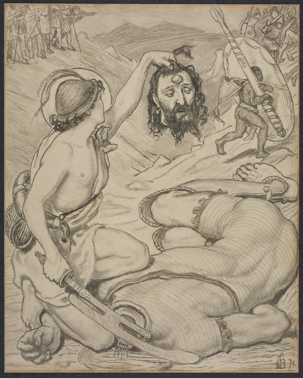 David and Goliath, Cartoon for Stained Glass Window at Jesus College, Cambridge by Ford Madox Brown