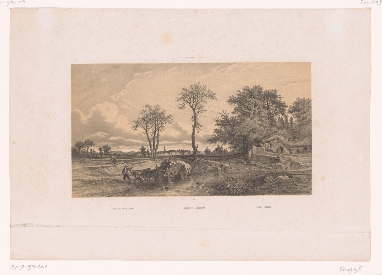 Peasant Cart with Oxen in a Hungarian Landscape (Scenery in Hungary, Figures in a Landscape) by Fortuné Ferogio