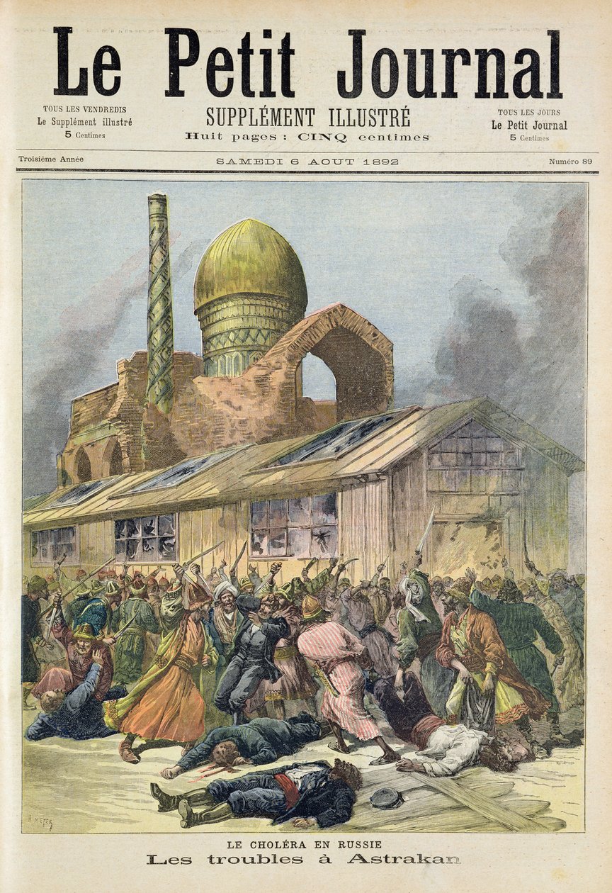 Title page depicting the troubles in Astrakhan during the time of cholera in Russia, illustration from the illustrated supplement of Le Petit Journal by Fortune Louis Meaulle and Henri Meyer