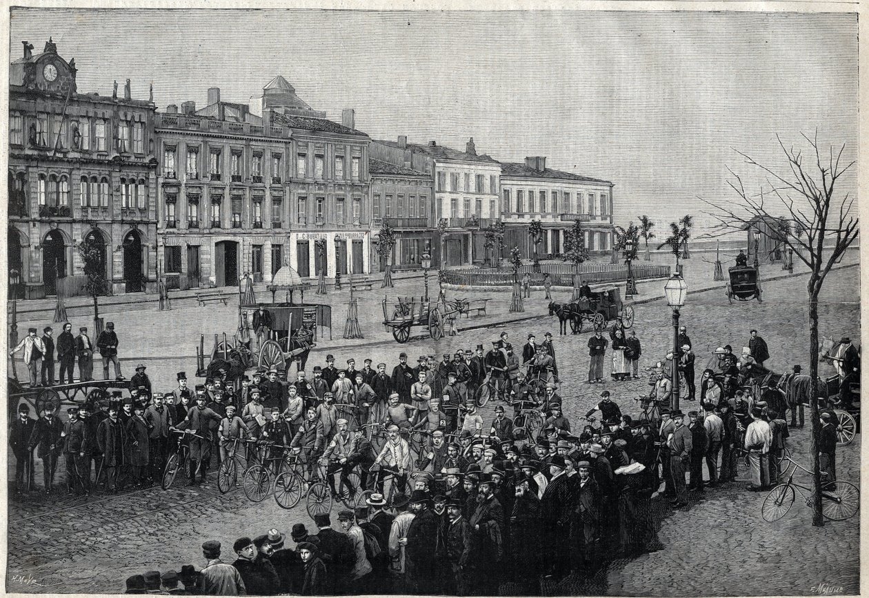 Depart of Bordeaux-Paris cycling race in 1891 - engraving by Meaulle of 1891 by Fortune Louis Meaulle