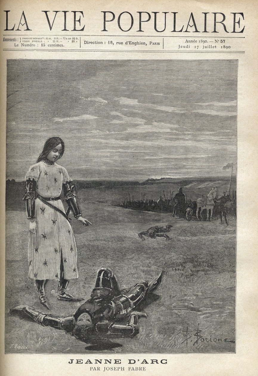 In front of the troop of armed knights, Joan of Arc in armor, looks with sadness at the body of a dead knight. Illustration by Bernard Borione for Joan of Arc by Joseph F by Fortune Louis Meaulle