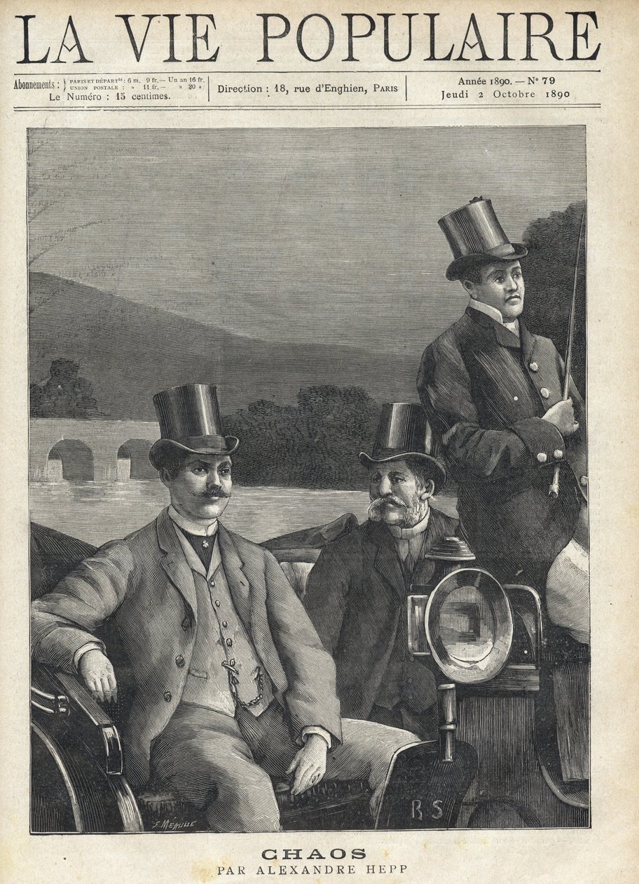 Two men in suit and top hat set up in a horse hitch, led by a coachman. They