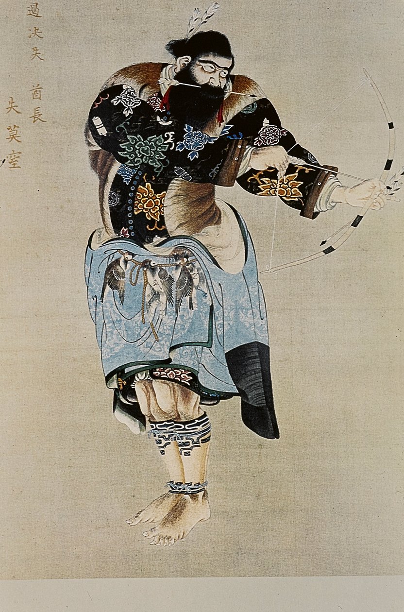 The great leaders of the eighteenth century Ainu: Itokoi and Shinichi from Akkeshi, Chosama from Uraashibetsu and Shonko from Noshappu, illustration by Fosco Maraini