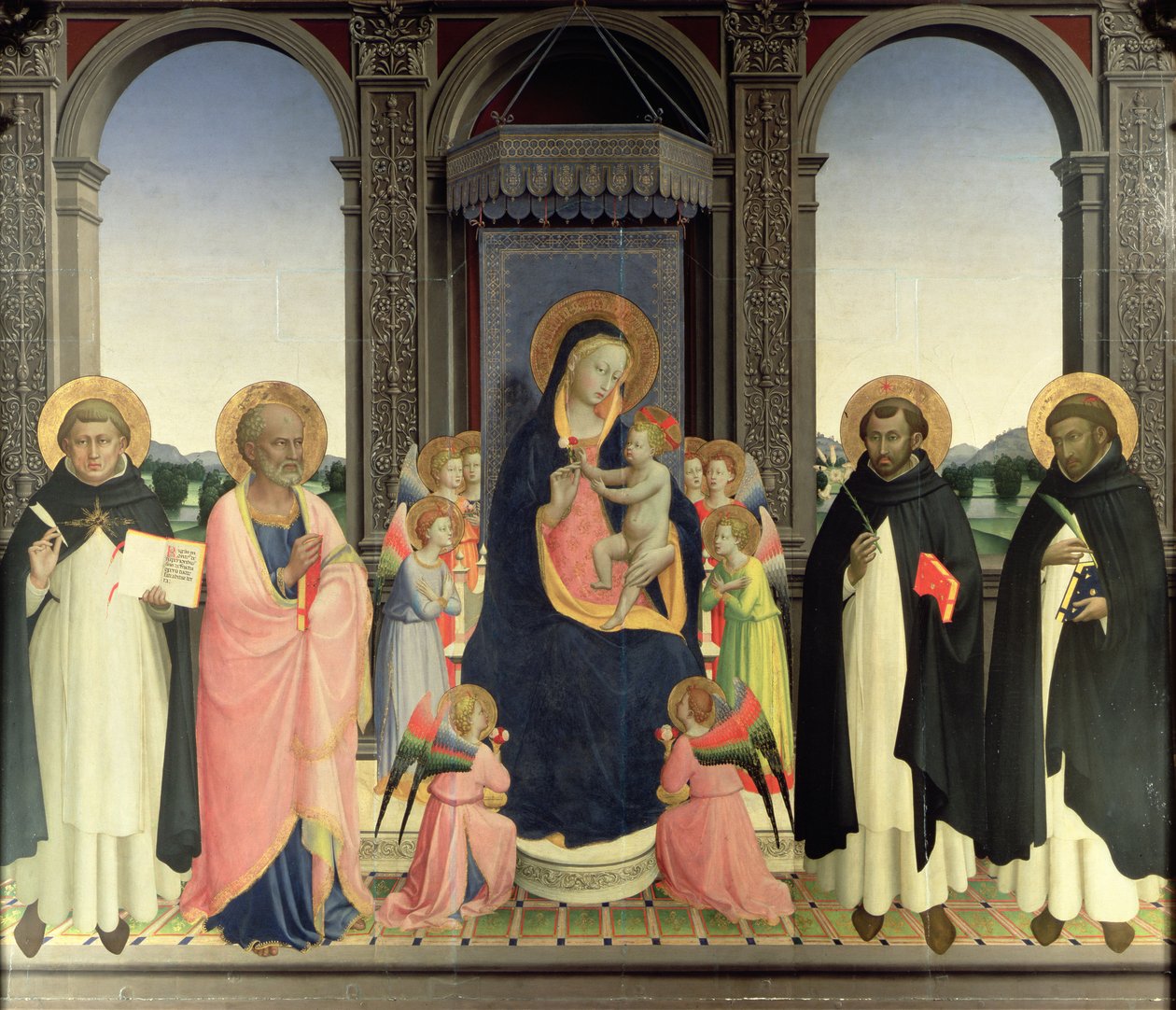 Virgin and Child enthroned with Angels and St. Thomas Aquinas, St. Barnabas, St. Dominic, and St. Peter Martyr, c.1422 by Fra Angelico