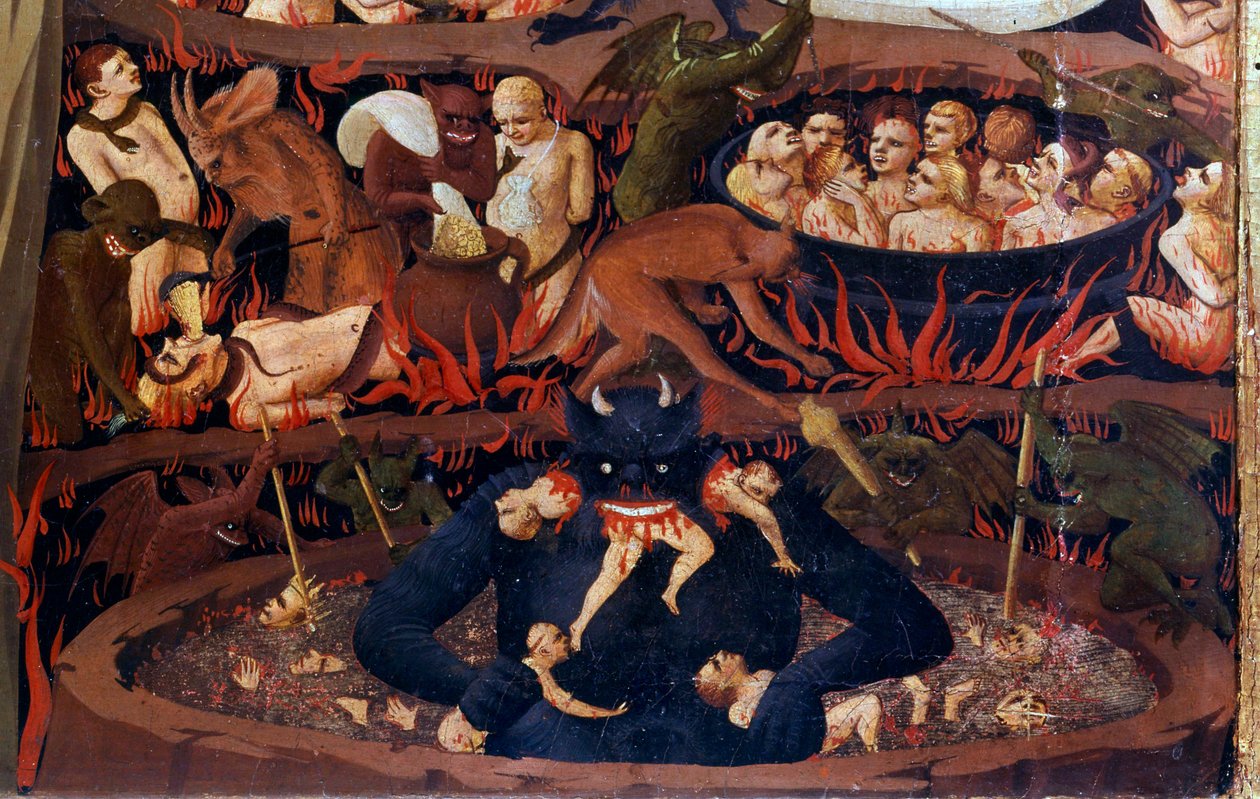 The Last Judgment: detail of the Underworld. Damned in the infernal circles, tortures by demons. Detail of a tempera on wood by Guido di Pietro (or Fra Giovanni da Fiesole) called Fra Angelico or il Beato by Fra  Angelico