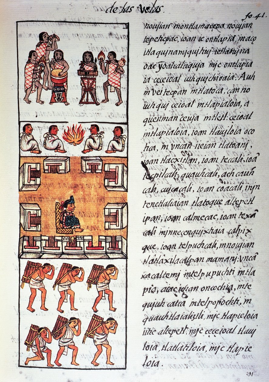Aztec society, musicians, king and merchants, text in Nahuati, from facsimile of manuscript General History of Things of New Spain, also known as Florentine Codex, by Bernardino de Sahagun by Fra Bernadino da Sahagun
