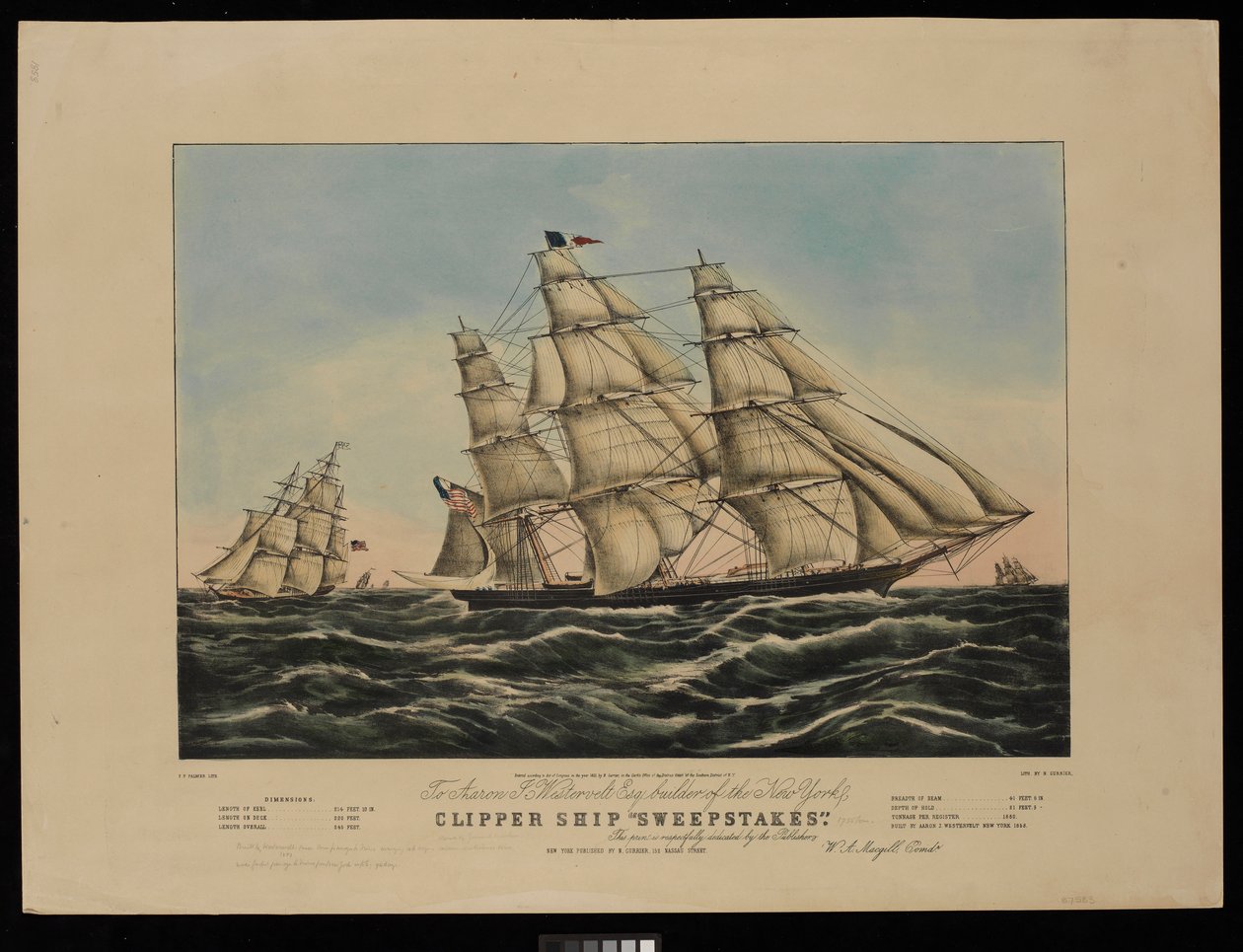 To Aaron J Westervelt Esq. builder of the New York clipper ship Sweepstakes this print is respectfully dedicated by the Publishers by Frances Flora Bond (c.1812 76) (after) Palmer