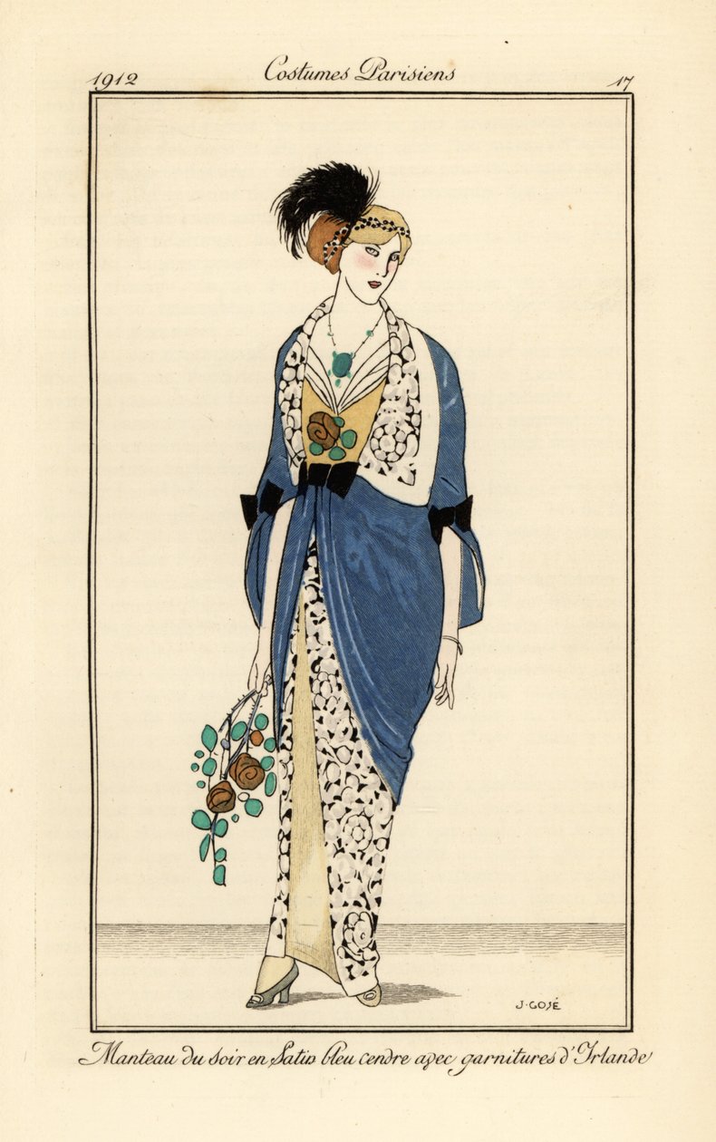 Woman in Evening Gown of Ash Blue Satin with Irish Lace by Francesc Xavier Gosé