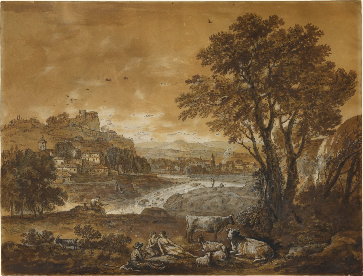 A Landscape with Shepherds Resting Under a Tree by a Cascade by Francesco Zuccarelli