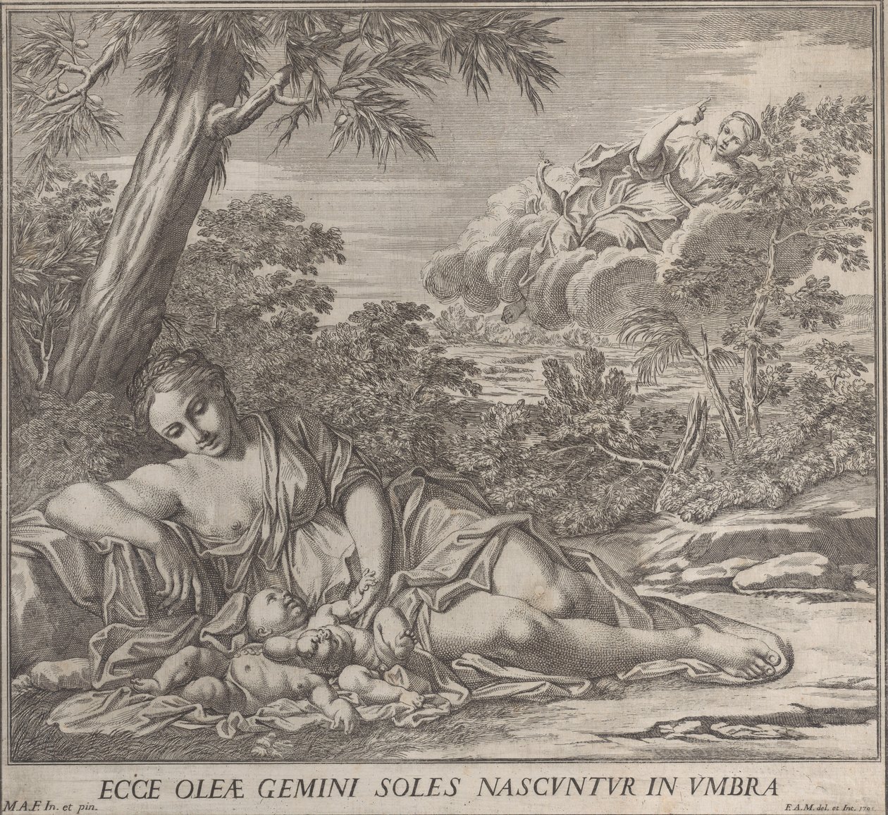 Latona and her sleeping twins, Apollo and Diana, within a landscape, 1705 by Francesco Antonio Meloni