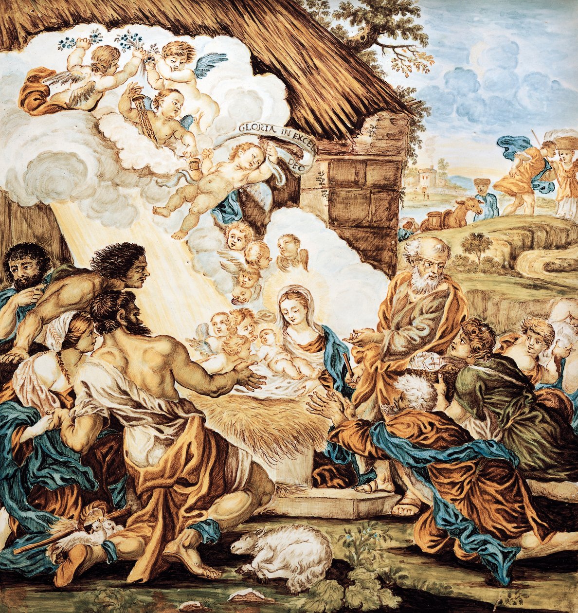 Crib, painted majolica plate, by Francesco Antonio Xaverio Grue, Abruzzo Castelli manufacture, Italy by Francesco Antonio Xaverio Grue