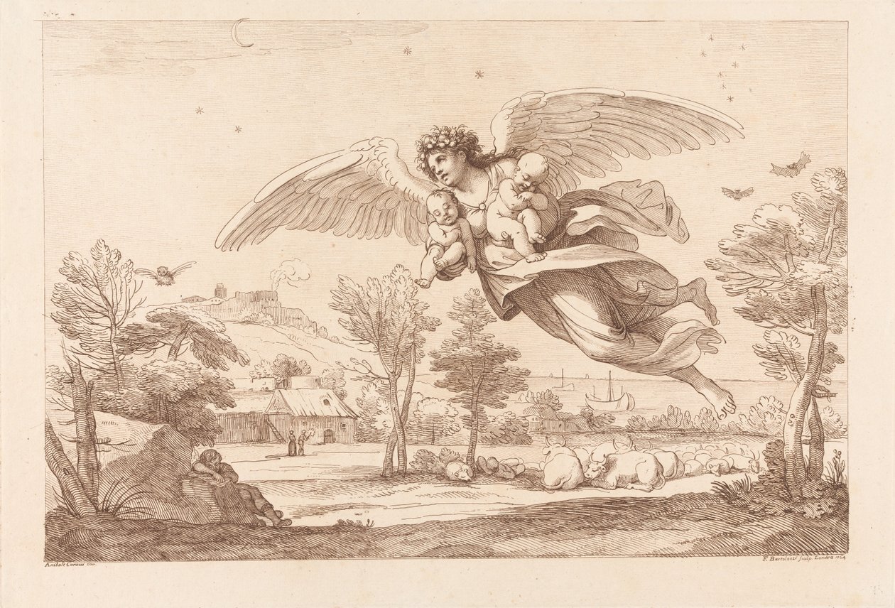 Angel Carrying Two Babies and Flying Over Sleeping Cattle by Francesco Bartolozzi