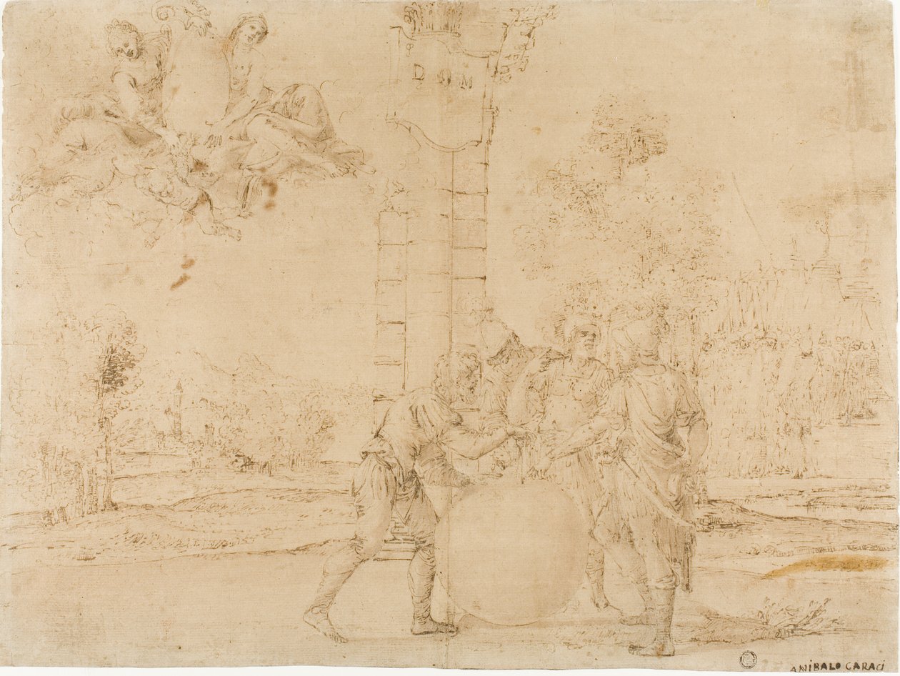 Octavian, Mark Antony, and Lepidus Dividing the Roman Empire, with Bologna in the Background by Francesco Brizio