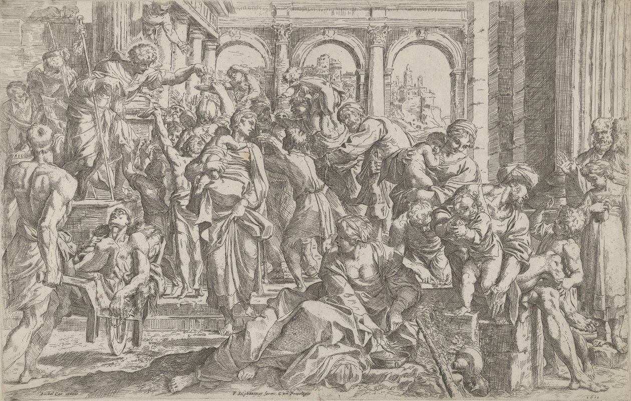 Saint Roch at left distributing alms to a group of people gathered around him, 1590-1600 by Francesco Brizio