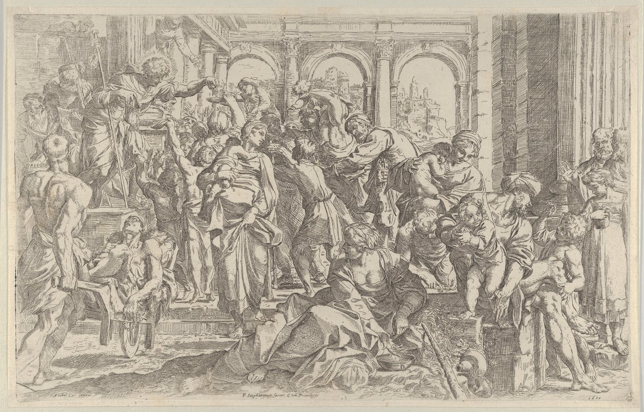 Saint Roch at left distributing alms to a group of people gathered around him, ca. 1590-1600 by Francesco Brizio