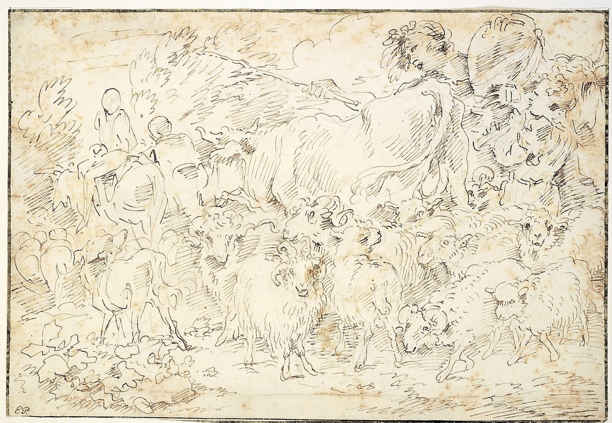Shepherds with Goats, Sheep, a Cow, and a Shepherd Dog by Francesco Castiglione