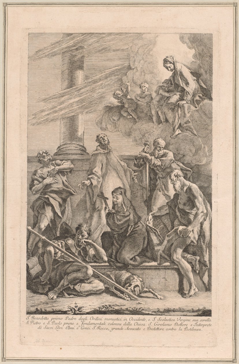 The Madonna and Child with Two Angels and Saints Scholastica, Benedict, Roch, Peter, Paul and Jerome by Francesco Fontebasso after Sebastiano Ricci