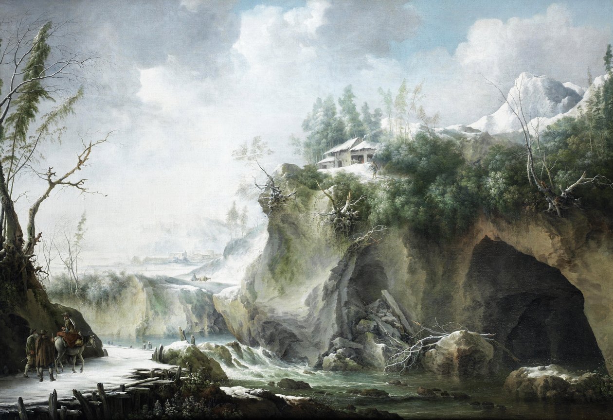 A River Landscape in Winter, with Travellers on a Snowy Path by Francesco Foschi