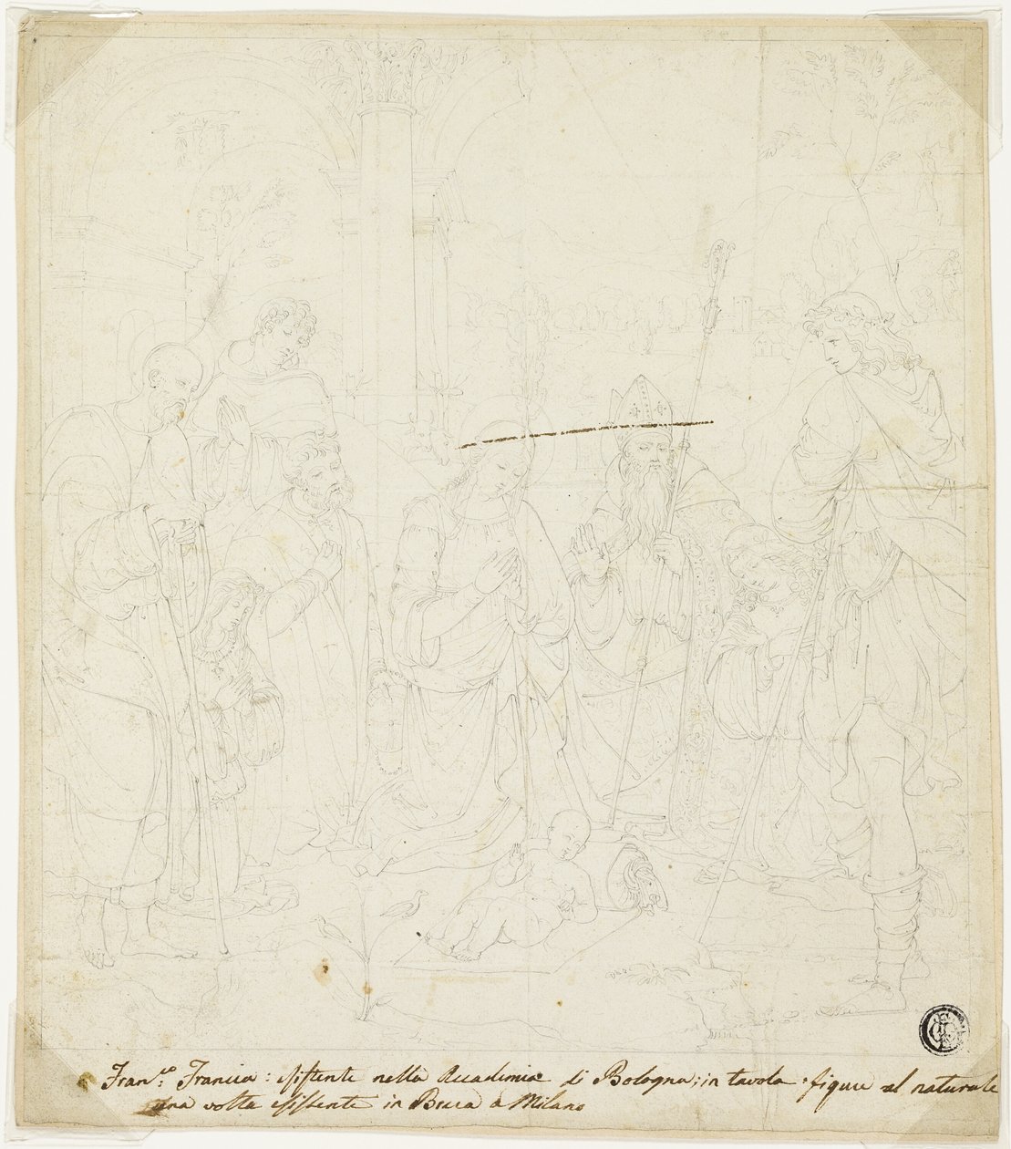 Adoration of the Christ Child, with Saints Joseph, Francis of Assisi, and Augustine, attended by Anton Galeazzo Bentivoglio and Alessandro Bentivoglio by Francesco Francia