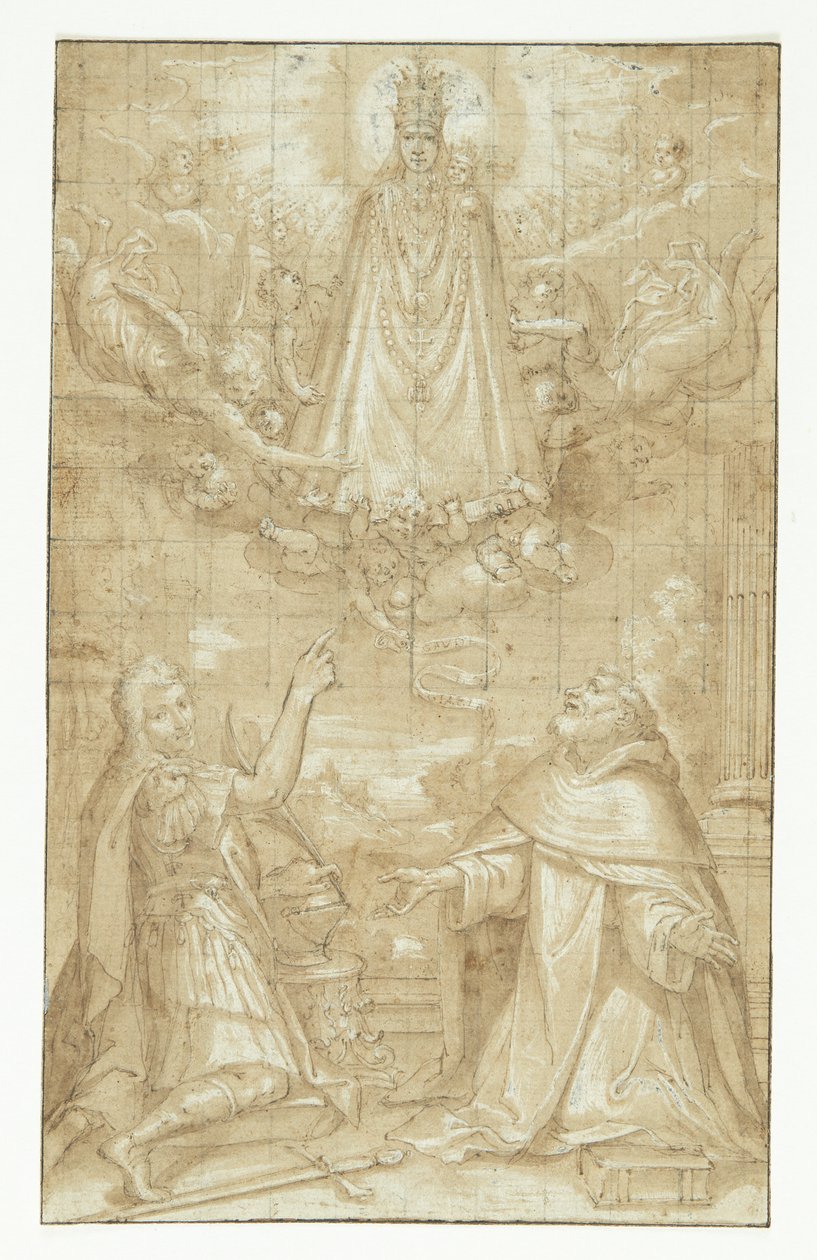 A Crowned Madonna with Child, Draped in a Cape and Heavy Chains, Appears in the Clouds, Surrounded by Angels and Cherubs, to Two Kneeling Saints; One a Soldier Martyr, the Other a Cleric (Hyacintus?). An Angel Hands a Belt or a Script by Francesco Francia