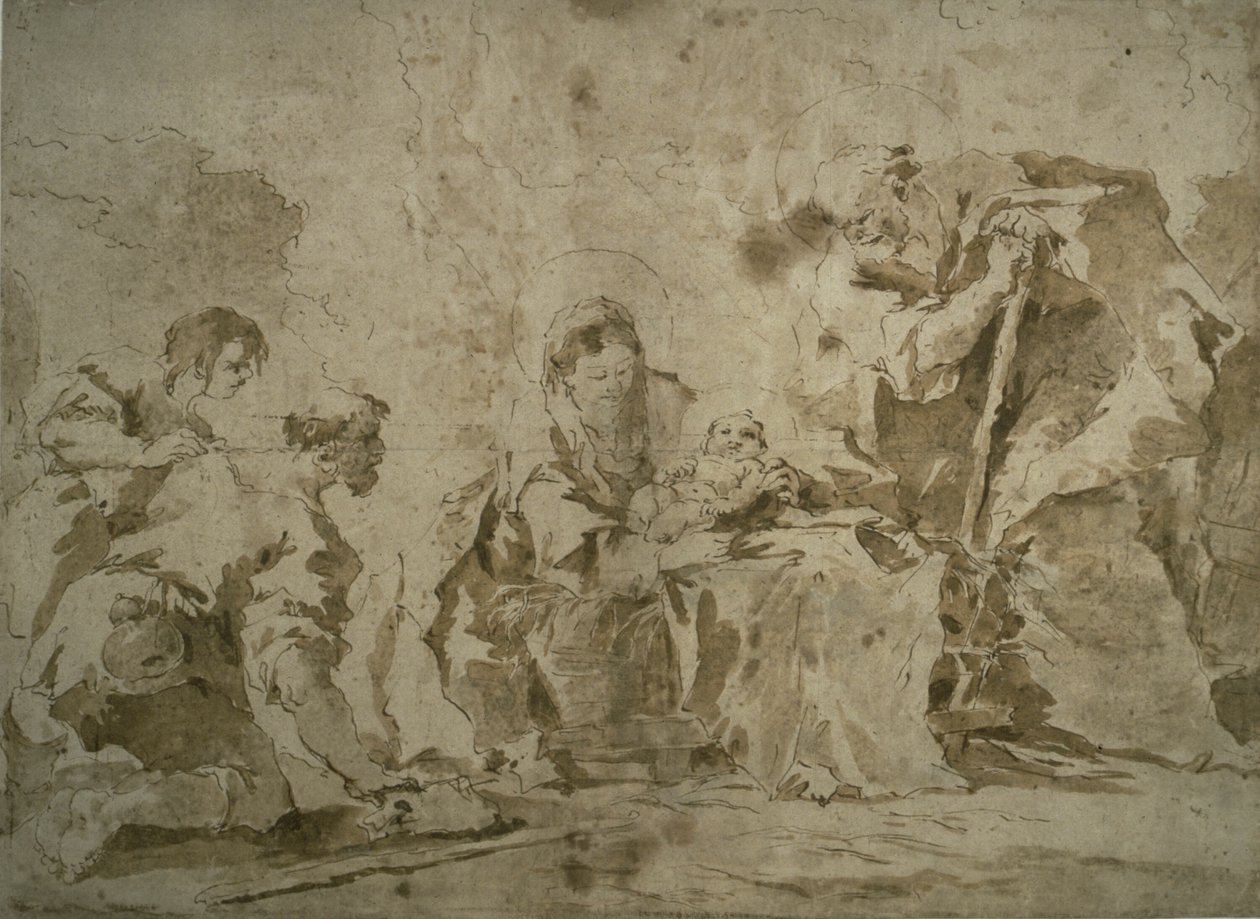 Adoration of the Shepherds (recto); Three Sketches: Buildings by Canal with Boats, Landscape with Buildings on Hillside, Buildings with Portico (verso) by Francesco Guardi