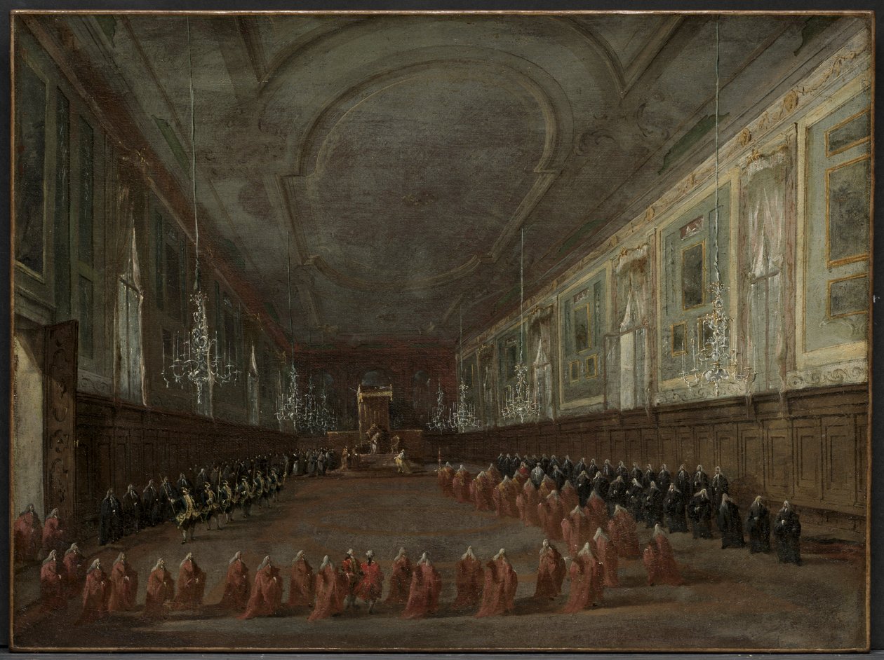 Pope Pius VI Descending the Throne to Take Leave of the Doge in the Hall of SS. Giovanni e Paolo, 1782 by Francesco Guardi