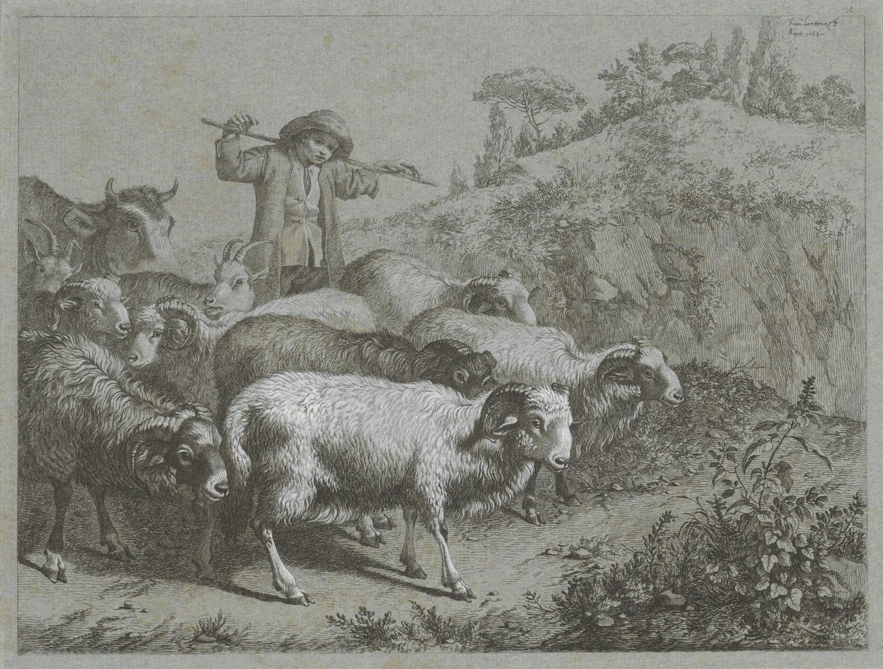 Shepherd with Rams, Goats, and Cow by Francesco Londonio