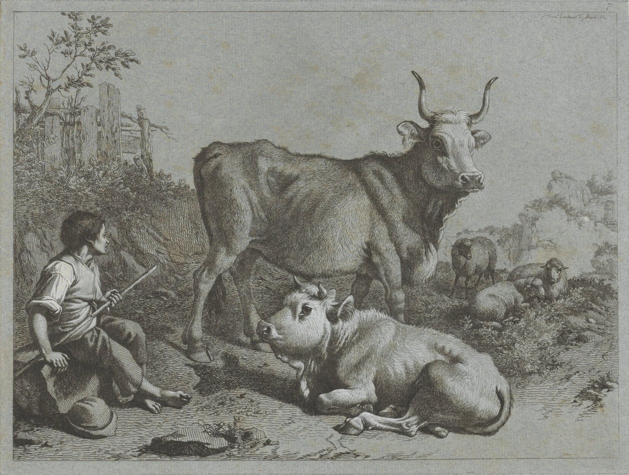 Shepherd Boy with Two Oxen and Three Sheep (series title: Shepherd Scenes) by Francesco Londonio
