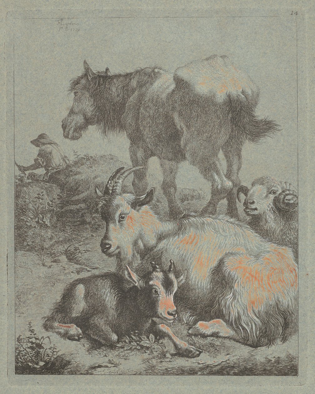 Horse, Ram, Goat with Kid, In the Distance a Shepherd with Flock by Francesco Londonio