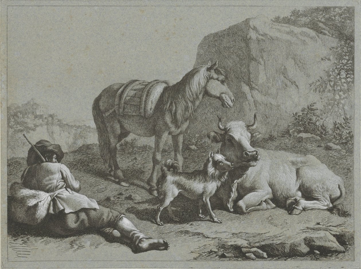 Reclining Shepherd with Horse, Cow, and Dog (series title: Shepherd Scenes) by Francesco Londonio