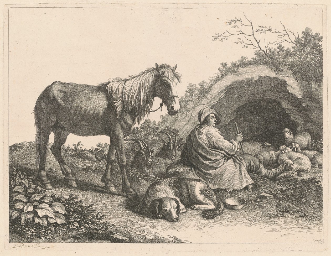 Seated Shepherd with Horse, Dog, Goats and Sheep, after 1776 by Francesco Londonio