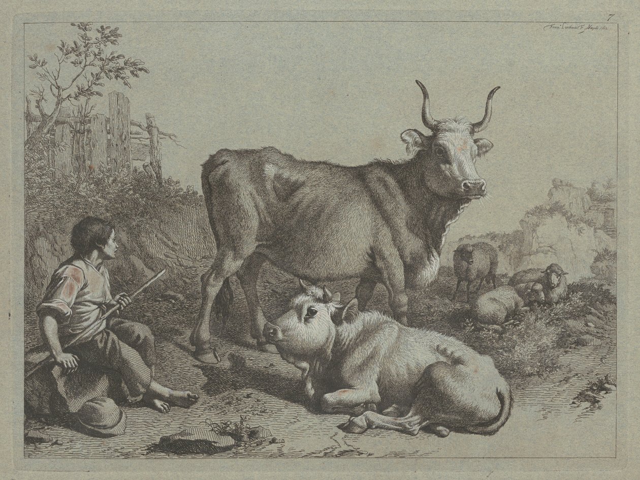 Seated Shepherd with a Bull and Bullock, 1763 by Francesco Londonio