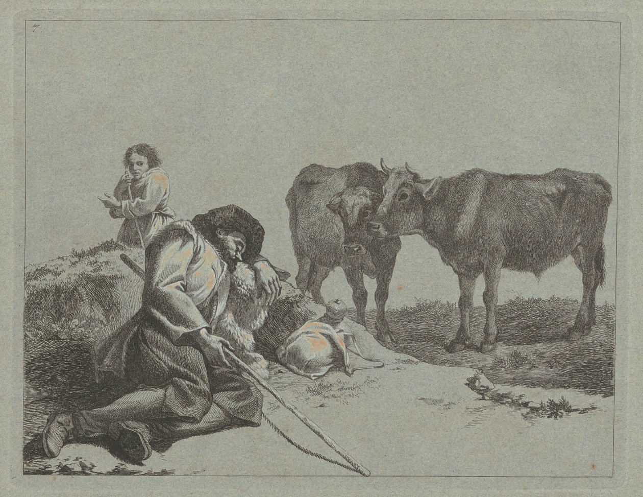 Sleeping Shepherd, Two Calves, and a Peasant Woman by Francesco Londonio