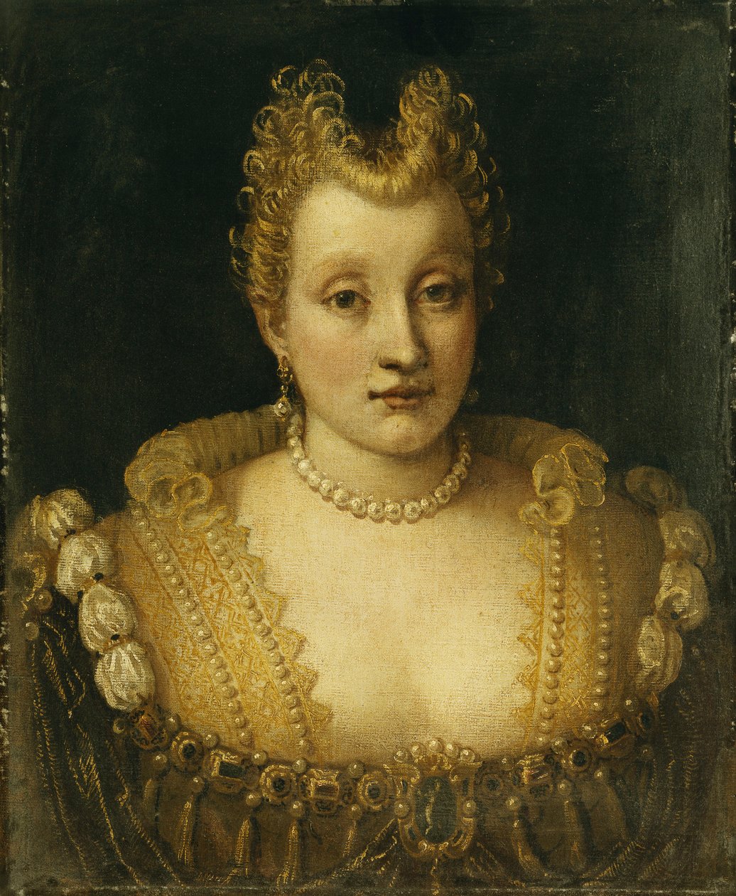 Portrait of a Lady Said to be of the Contarini Family, Bust Length, Wearing an Elaborate Dress with Jewels and a Pearl Necklace and Earrings by Francesco Montemezzano