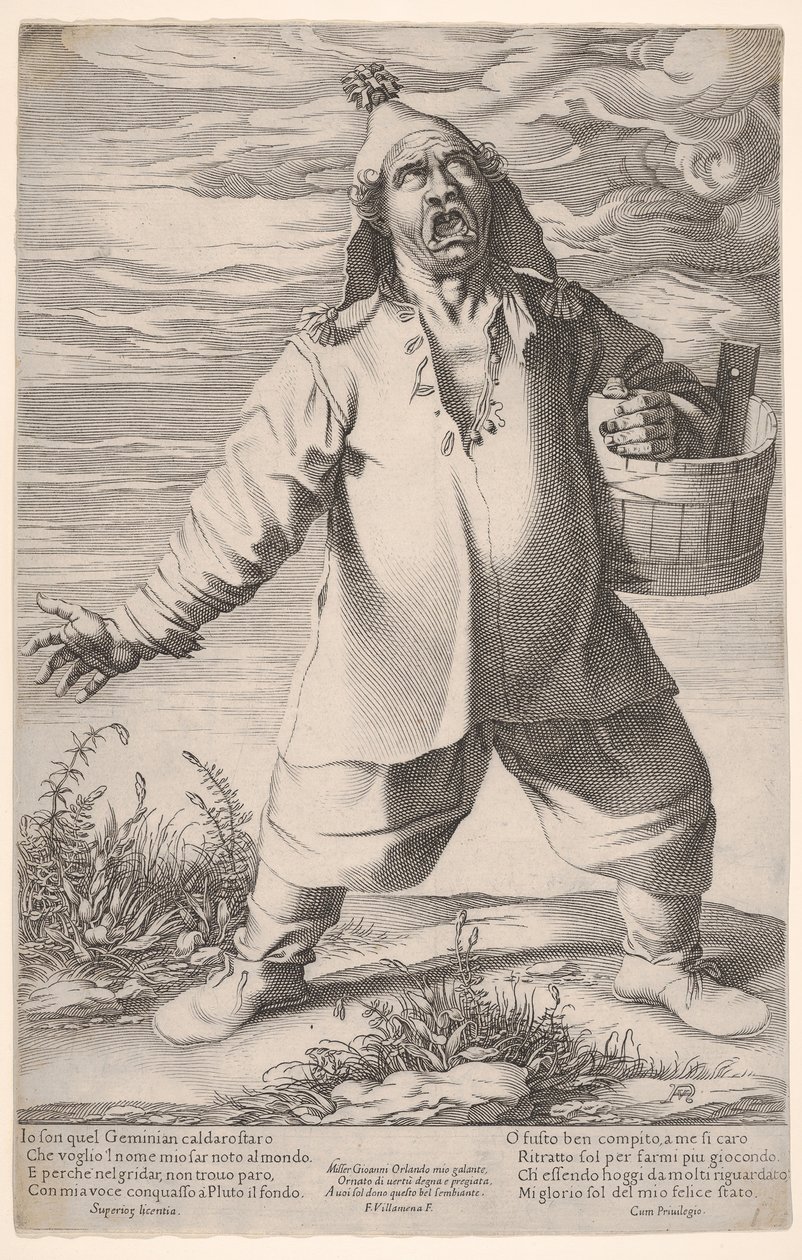 Geminiano Caldarostaro Crying Out and Holding a Tub, with a Tasseled Hat by Francesco Villamena