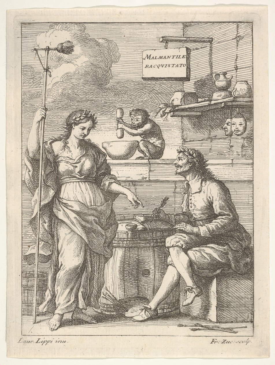 A Monkey Working a Mortar and Pestle, Below Lorenzo Lippi Writing His Humorous... by Francesco Zuccarelli