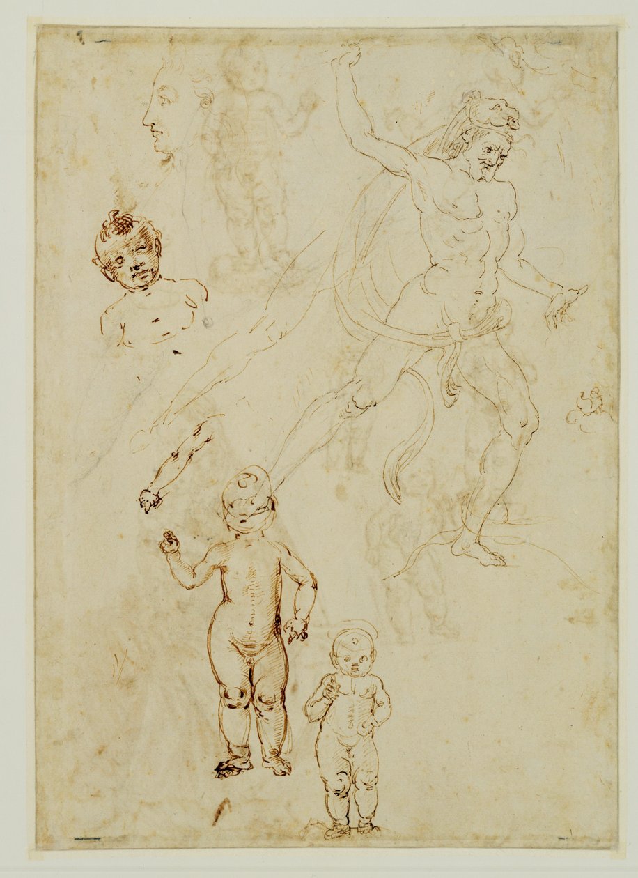 Hercules; Three Children; Male Head Turned to the Left by Francesco di Simone (attr. to)