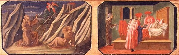 St. Francis of Assisi Receiving the Stigmata, SS. Cosmas and Damian Healing a Sick Man; Copies of Original Panels Forming Part of the Predella to the Madonna and Child Enthroned by Filippo Lippi by Francesco di Stefano Pesellino