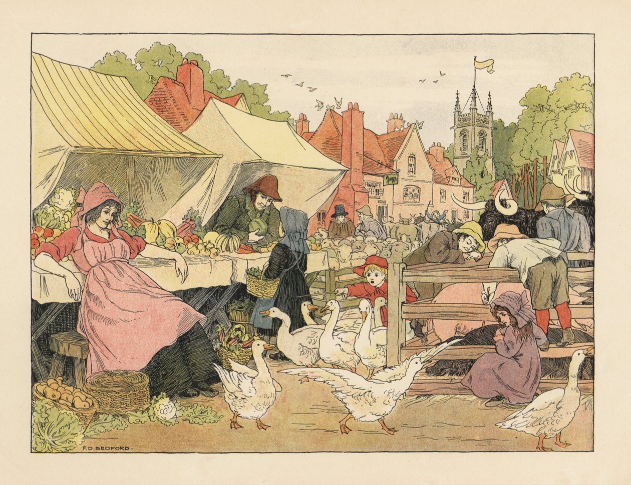 Victorian Children Buying Vegetables, Chasing Geese and Poking Pigs at a Village Market by Francis Donkin Bedford