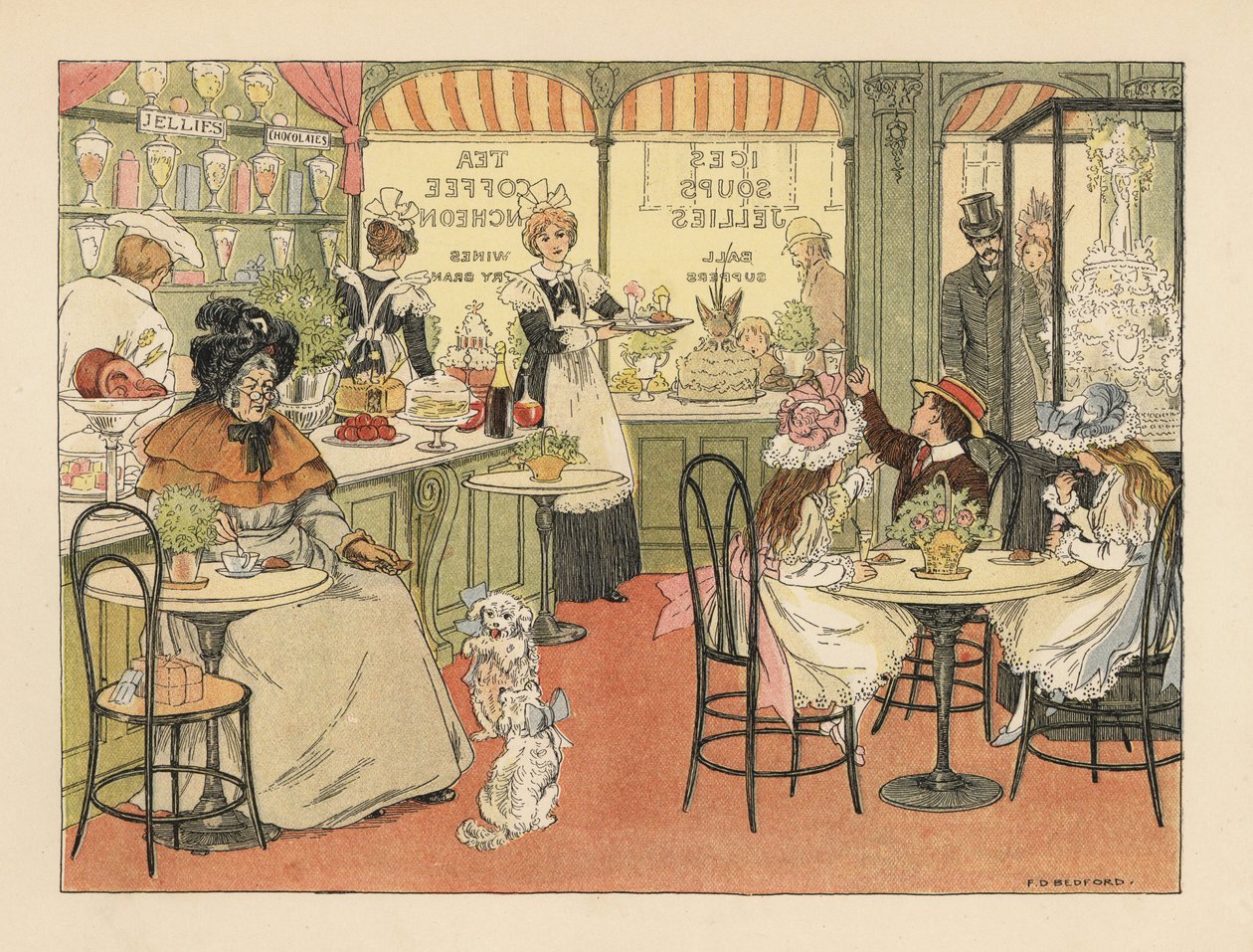 Victorian customers in a tea shop and confectioners. Chromolithograph after an illustration by Francis Donkin Bedford from Edward Verrall Lucas