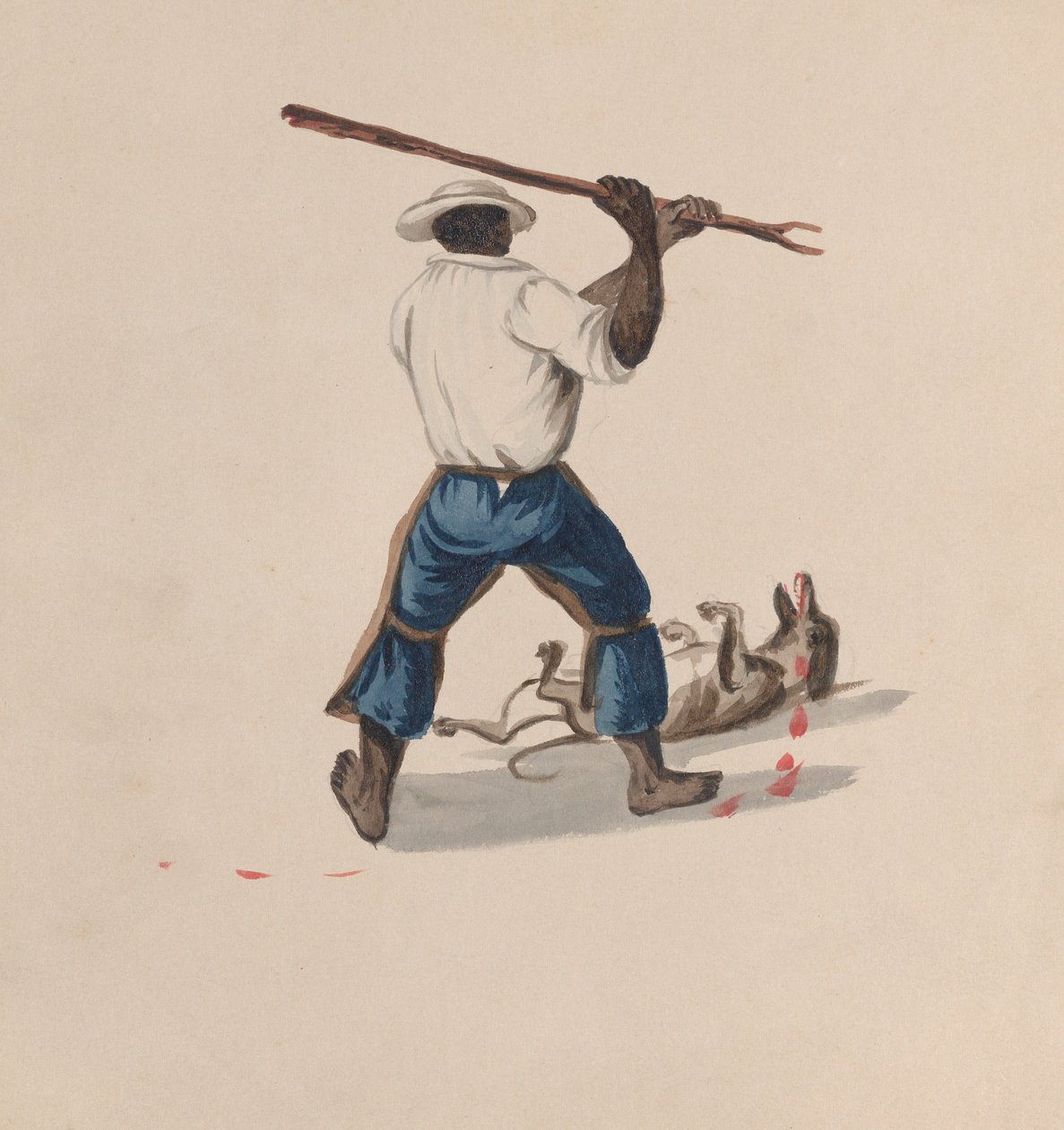 A man viewed from behind beating a dog with a stick, ca. 1848 by Francisco