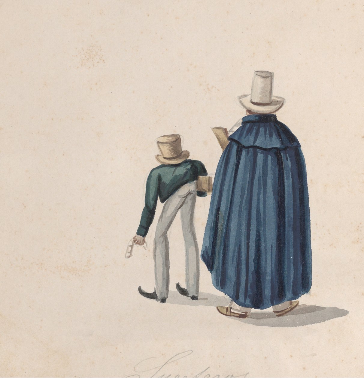 Two Peruvian Fortune Tellers Wearing Top Hats Viewed from Behind, ca. 1848 by Francisco