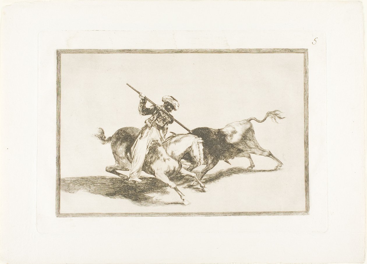 The Spirited Moor Gazul is the First to Spear Bulls According to Rules, plate five from The Art of Bullfighting by Francisco Jose de Goya y Lucientes