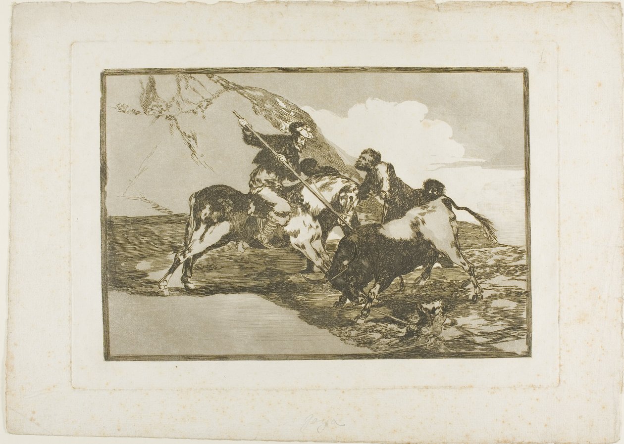 The Way in which the ancient Spaniards Hunted Bulls on Horseback in the Open Country, plate one from The Art of Bullfighting by Francisco Jose de Goya y Lucientes